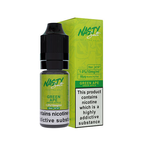 Nasty Juice Green Ape Salts Green Ape A delicate mix of sweet and sour Green Apples to keep your tastebuds on the edge. Best used in a low wattage device. Available in 10mg and 20mg Contains Koolada